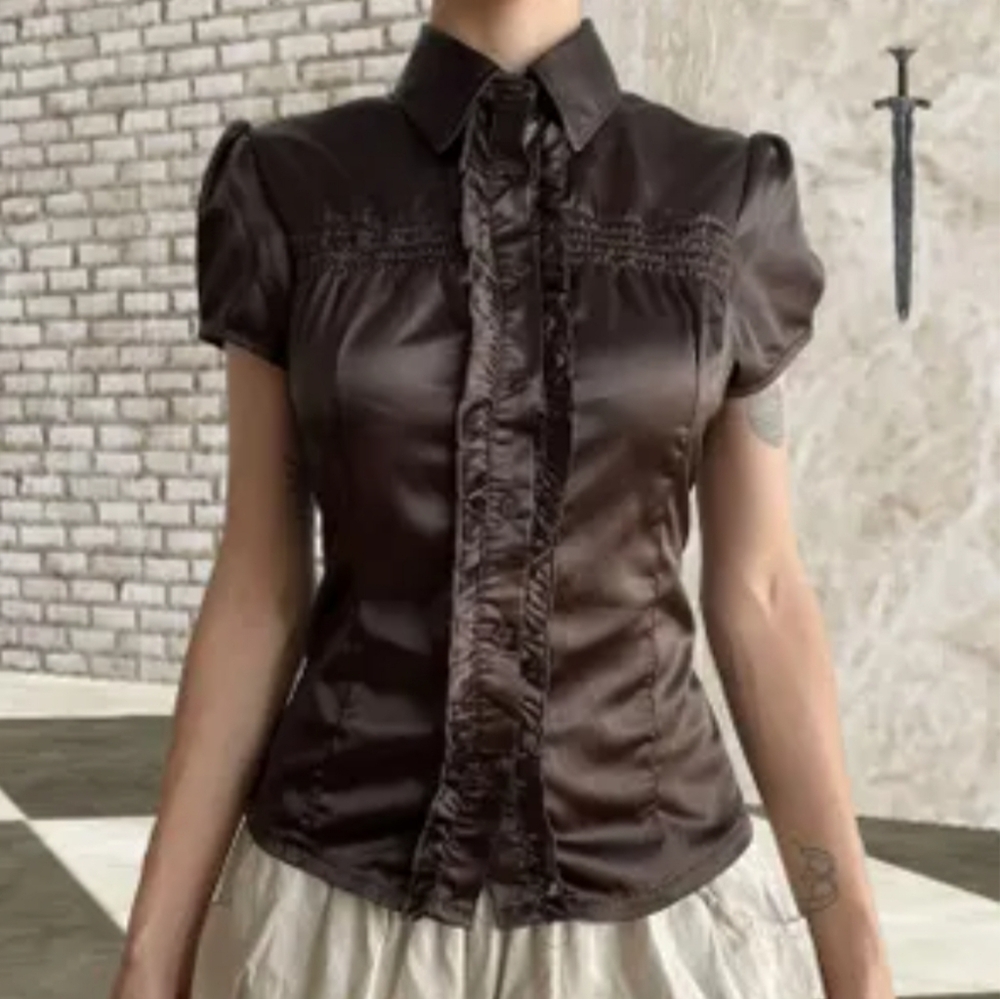 #910 Stretch Elegant Brown Satin Women's Top